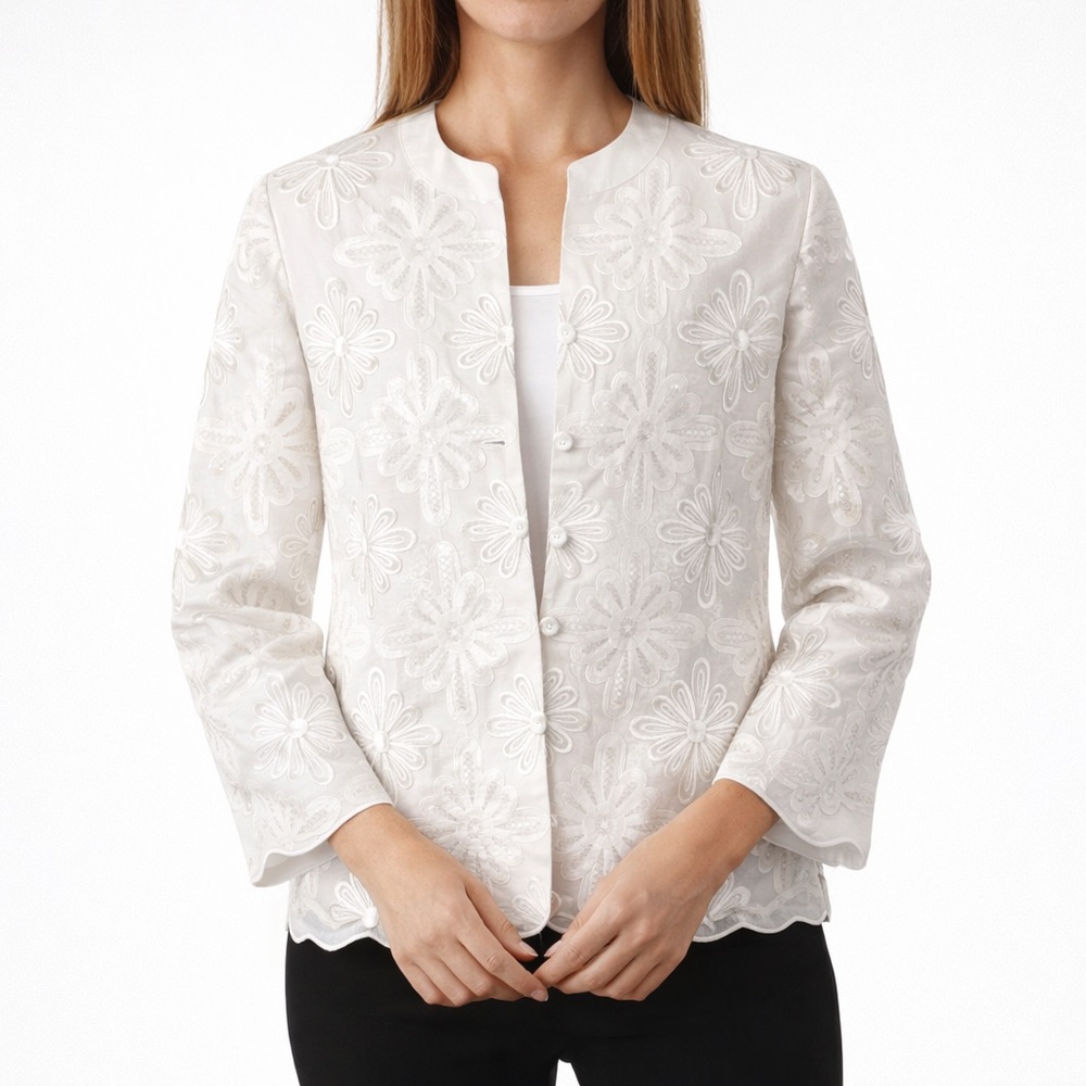 WAY Embroidered Floral Occasion Jacket White Collarless Blazer Size 6